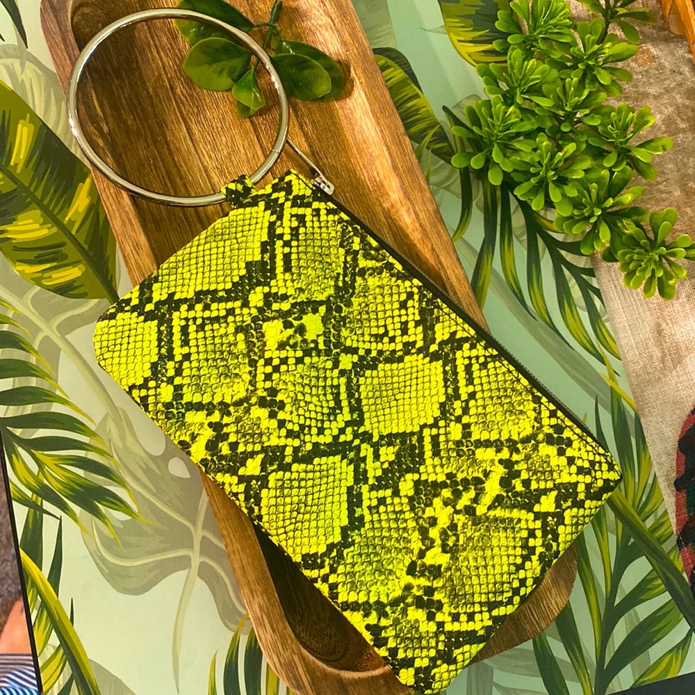 Fluorescent yellow/black snake print wristlet purse